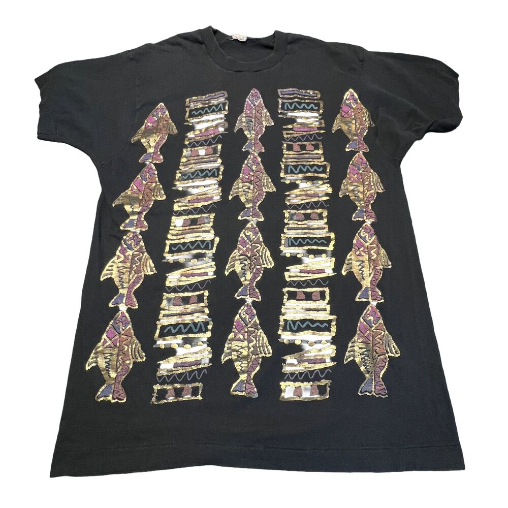 Vintage 80s 90s Screen Stars Fish Graphic T Shirt Metallic Foil Single XL Black